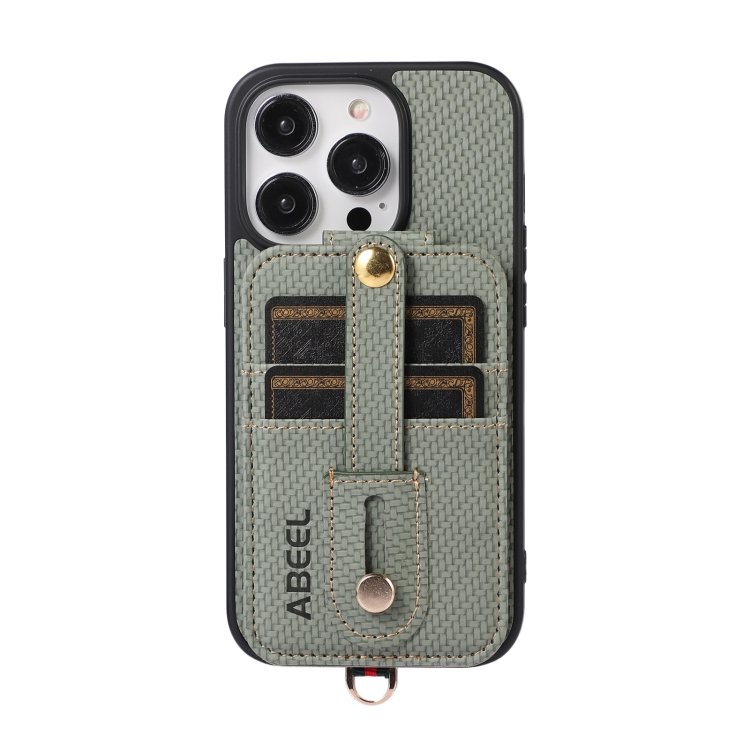 

For iPhone 13 Pro ABEEL Carbon Fiber RFID Card Holder Phone Case(Green)