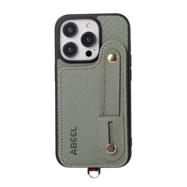 

For iPhone 14 Pro ABEEL Carbon Fiber RFID Card Holder Phone Case(Green)