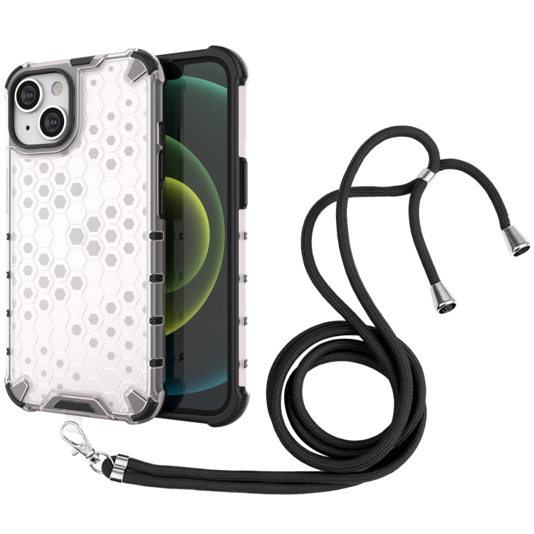 

For iPhone 15 Lanyard Honeycomb Phone Case(White)