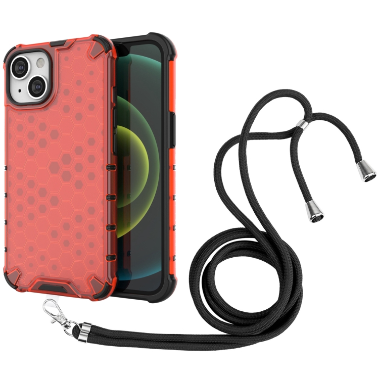 

For iPhone 15 Lanyard Honeycomb Phone Case(Red)