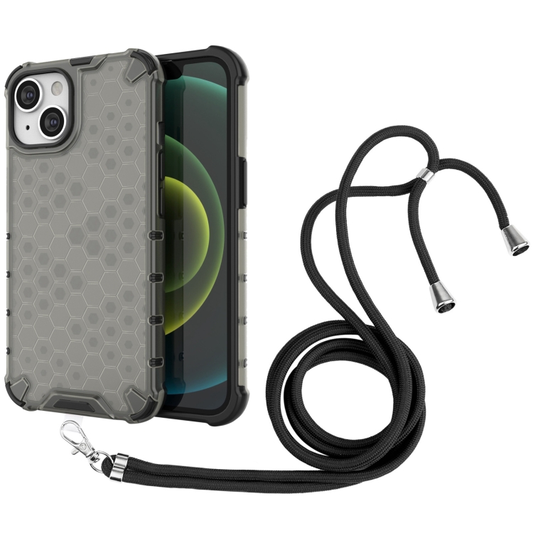 

For iPhone 15 Lanyard Honeycomb Phone Case(Black)