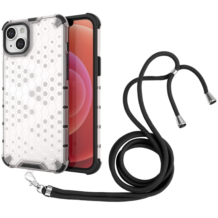 

For iPhone 15 Plus Lanyard Honeycomb Phone Case(White)