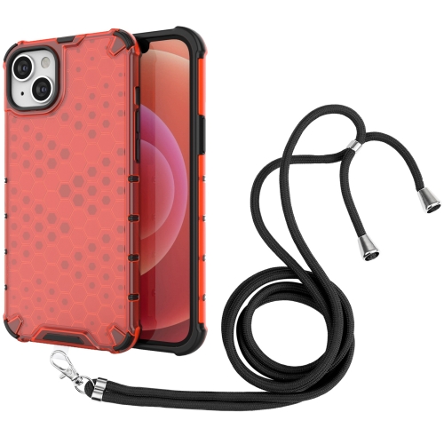 

For iPhone 15 Plus Lanyard Honeycomb Phone Case(Red)