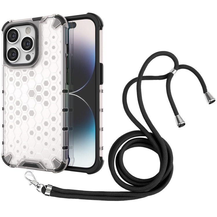 

For iPhone 15 Pro Lanyard Honeycomb Phone Case(White)