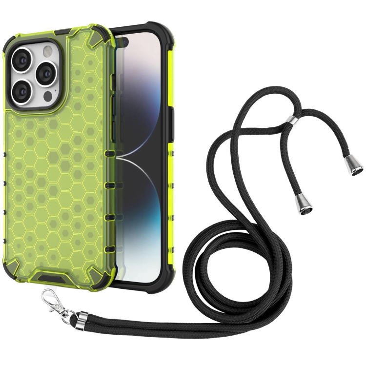 

For iPhone 15 Pro Lanyard Honeycomb Phone Case(Green)