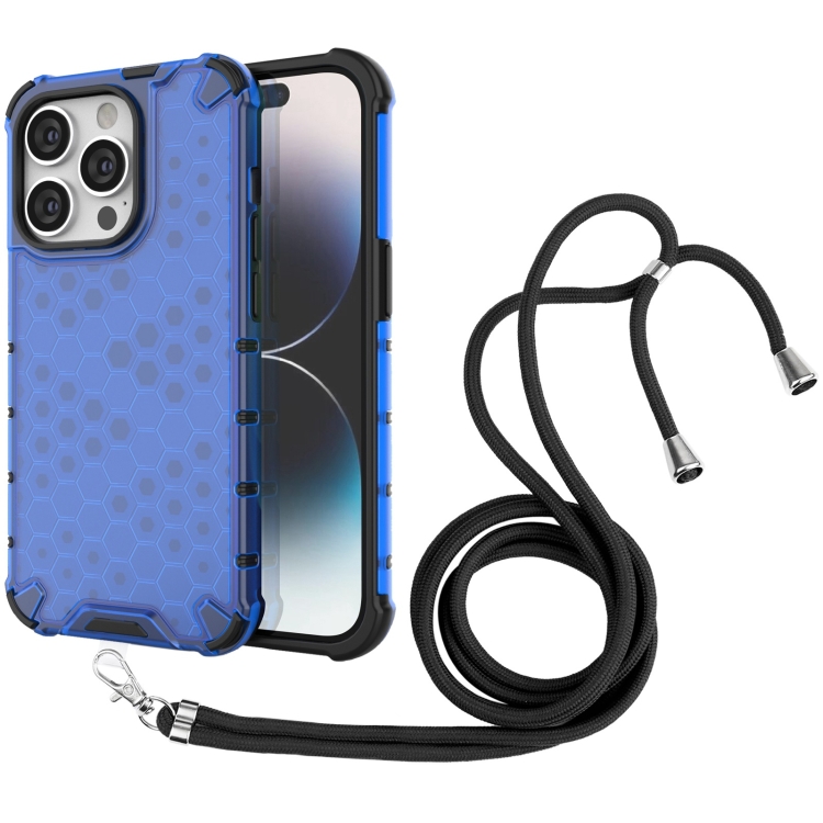 

For iPhone 15 Pro Lanyard Honeycomb Phone Case(Blue)