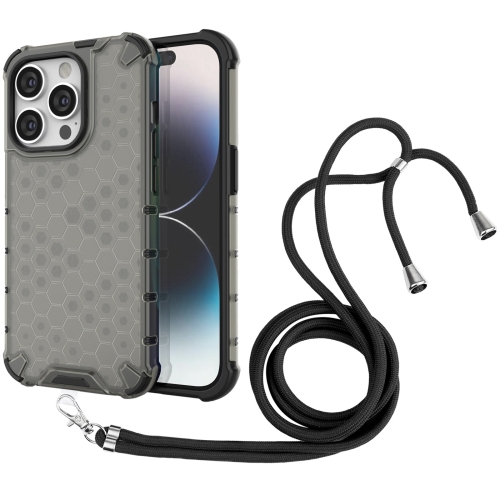 

For iPhone 15 Pro Lanyard Honeycomb Phone Case(Black)