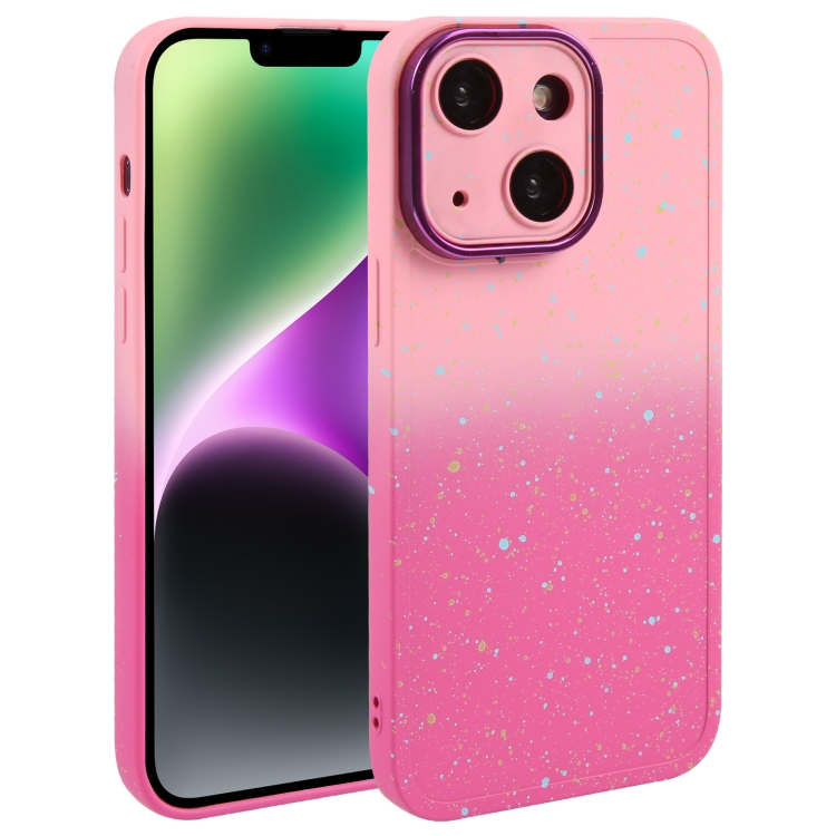 

For iPhone 14 Gradient Starry Silicone Phone Case with Lens Film(Pink Red)