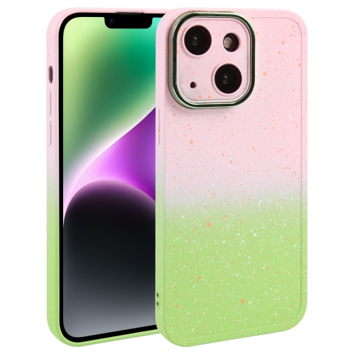 

For iPhone 14 Plus Gradient Starry Silicone Phone Case with Lens Film(Pink Green)