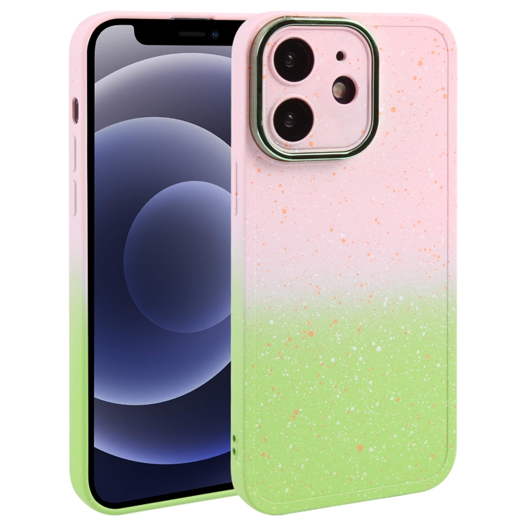 

For iPhone 12 Gradient Starry Silicone Phone Case with Lens Film(Pink Green)