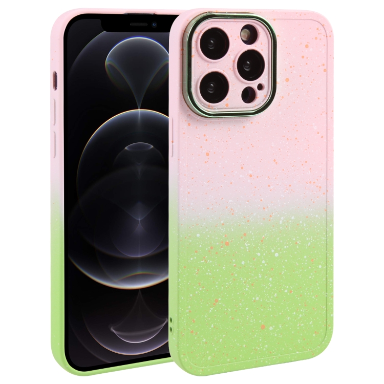 

For iPhone 12 Pro Gradient Starry Silicone Phone Case with Lens Film(Pink Green)