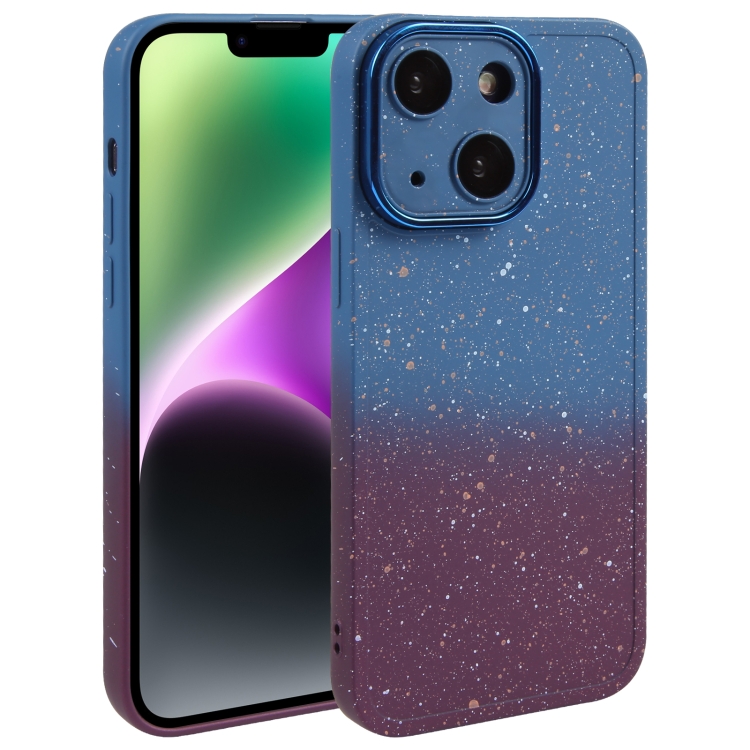 

For iPhone 15 Gradient Starry Silicone Phone Case with Lens Film(Blue Red)