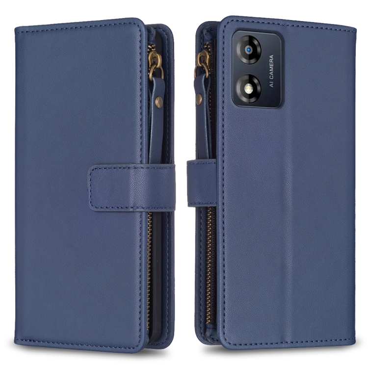 

For Motorola Moto E13 4G 9 Card Slots Zipper Wallet Leather Flip Phone Case(Blue)