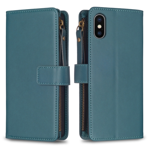 

For iPhone XS Max 9 Card Slots Zipper Wallet Leather Flip Phone Case(Green)