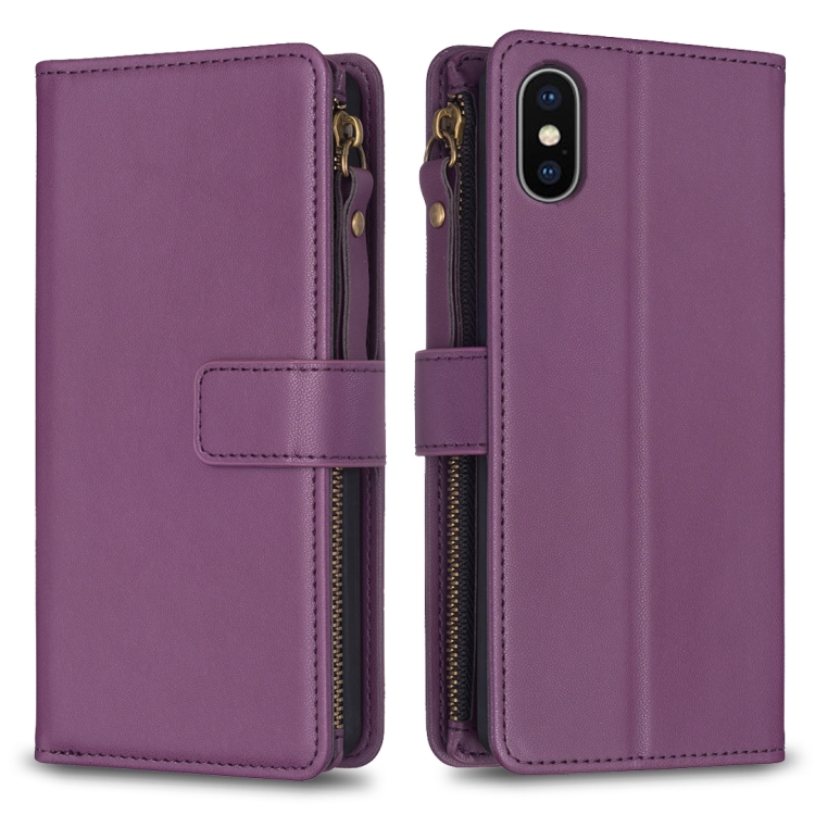 

For iPhone XS Max 9 Card Slots Zipper Wallet Leather Flip Phone Case(Dark Purple)