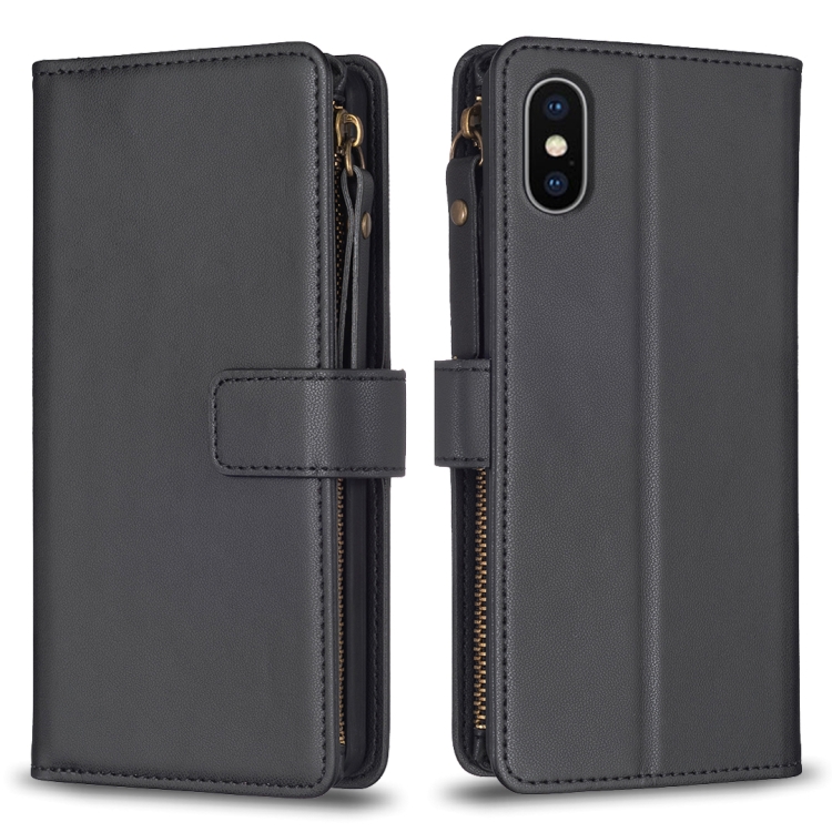 

For iPhone XS Max 9 Card Slots Zipper Wallet Leather Flip Phone Case(Black)