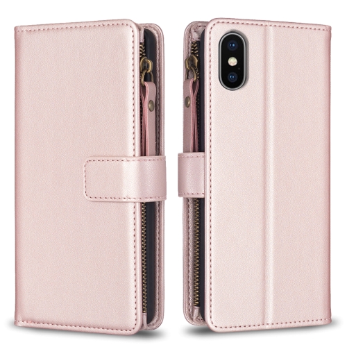 

For iPhone XS Max 9 Card Slots Zipper Wallet Leather Flip Phone Case(Rose Gold)