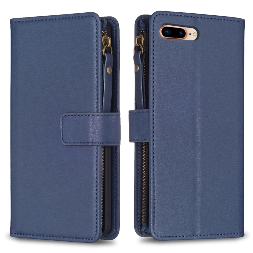 

For iPhone 8 Plus / 7 Plus 9 Card Slots Zipper Wallet Leather Flip Phone Case(Blue)