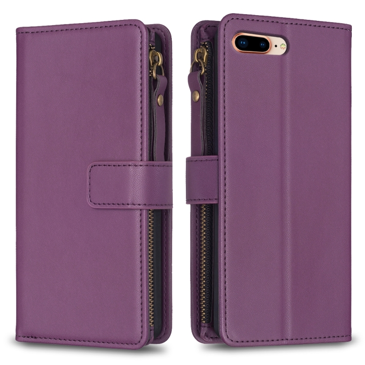 

For iPhone 8 Plus / 7 Plus 9 Card Slots Zipper Wallet Leather Flip Phone Case(Dark Purple)