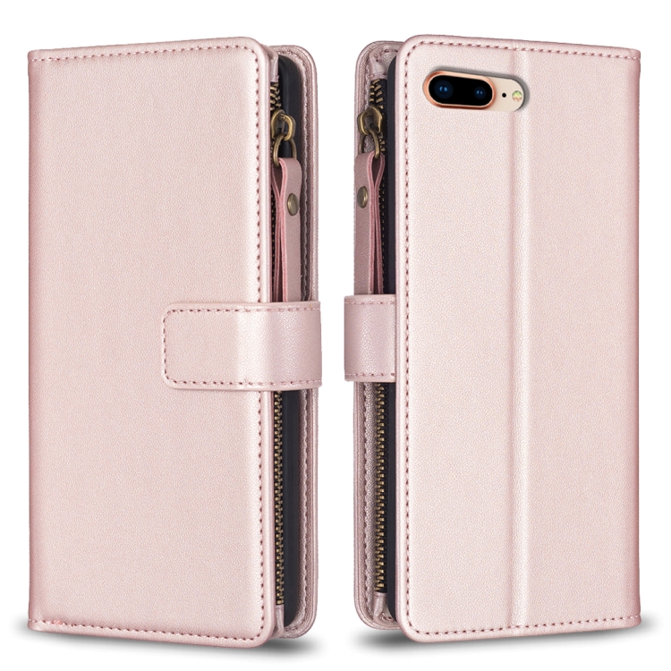 

For iPhone 8 Plus / 7 Plus 9 Card Slots Zipper Wallet Leather Flip Phone Case(Rose Gold)