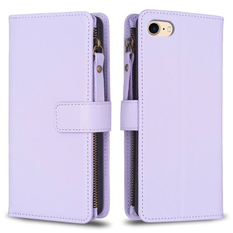 

For iPhone SE 2022/SE 2020 / 8 / 7 9 Card Slots Zipper Wallet Leather Flip Phone Case(Light Purple)