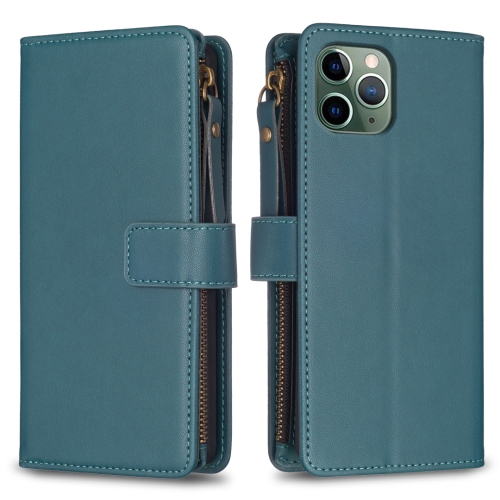 

For iPhone 11 Pro Max 9 Card Slots Zipper Wallet Leather Flip Phone Case(Green)