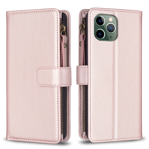 

For iPhone 11 Pro Max 9 Card Slots Zipper Wallet Leather Flip Phone Case(Rose Gold)