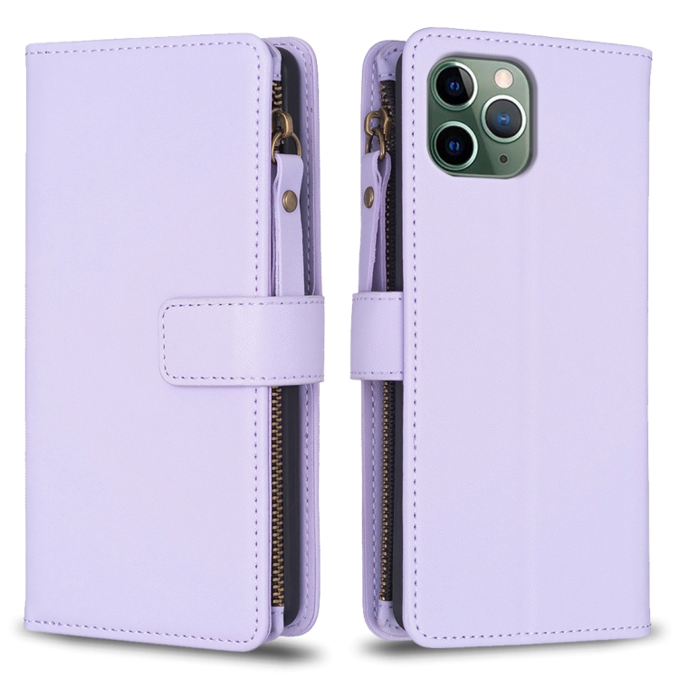 

For iPhone 11 Pro 9 Card Slots Zipper Wallet Leather Flip Phone Case(Light Purple)