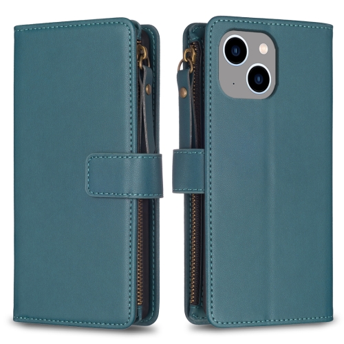 

For iPhone 14 / 13 9 Card Slots Zipper Wallet Leather Flip Phone Case(Green)