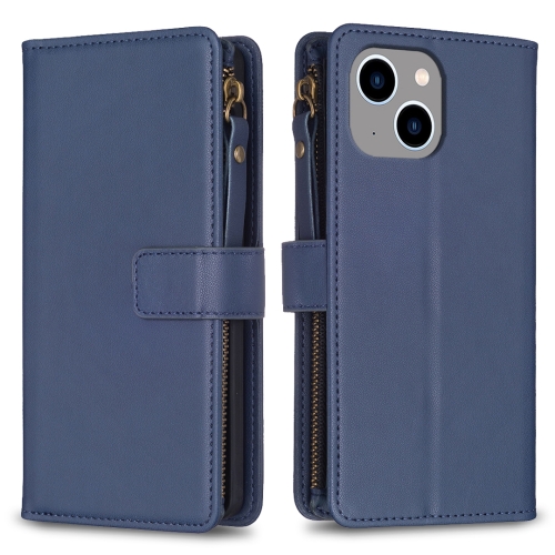 

For iPhone 14 / 13 9 Card Slots Zipper Wallet Leather Flip Phone Case(Blue)