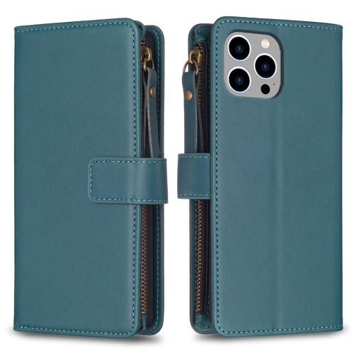 

For iPhone 13 Pro Max 9 Card Slots Zipper Wallet Leather Flip Phone Case(Green)