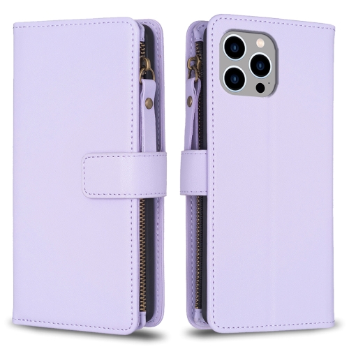 

For iPhone 13 Pro Max 9 Card Slots Zipper Wallet Leather Flip Phone Case(Light Purple)