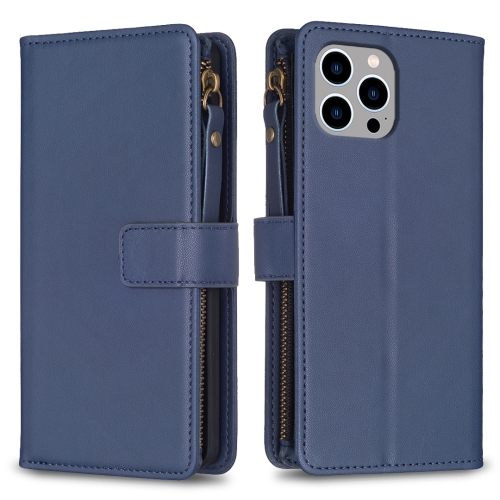 

For iPhone 13 Pro 9 Card Slots Zipper Wallet Leather Flip Phone Case(Blue)