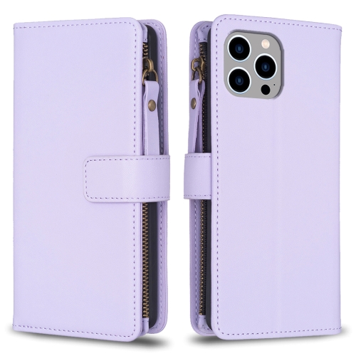 

For iPhone 13 Pro 9 Card Slots Zipper Wallet Leather Flip Phone Case(Light Purple)