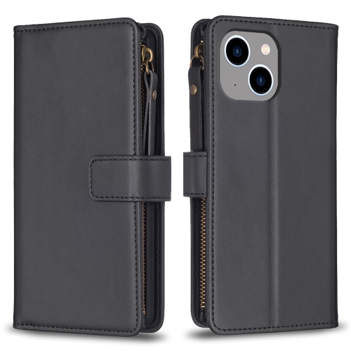 

For iPhone 14 Plus 9 Card Slots Zipper Wallet Leather Flip Phone Case(Black)