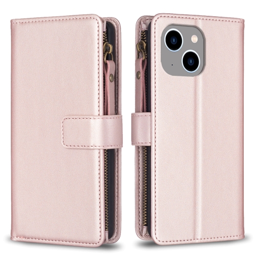 

For iPhone 14 Plus 9 Card Slots Zipper Wallet Leather Flip Phone Case(Rose Gold)