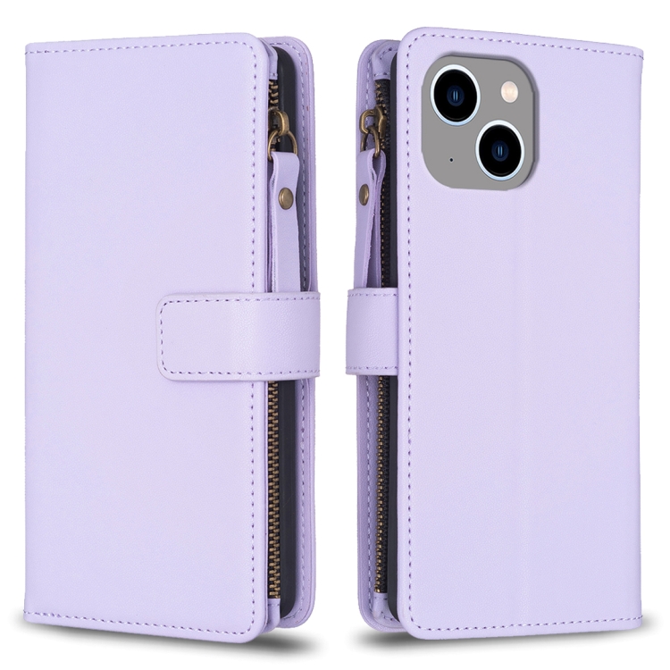 

For iPhone 14 Plus 9 Card Slots Zipper Wallet Leather Flip Phone Case(Light Purple)
