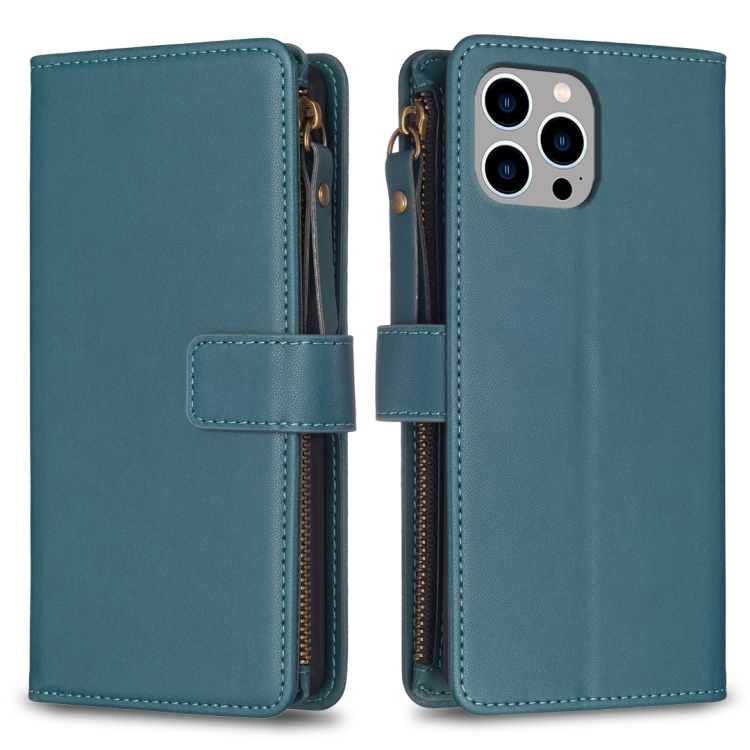 

For iPhone 14 Pro 9 Card Slots Zipper Wallet Leather Flip Phone Case(Green)