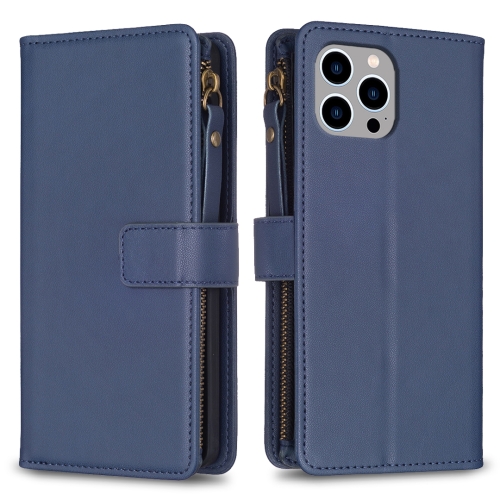 

For iPhone 14 Pro 9 Card Slots Zipper Wallet Leather Flip Phone Case(Blue)
