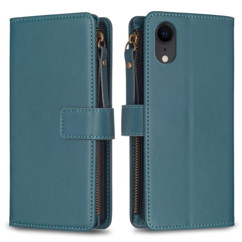 

For iPhone XR 9 Card Slots Zipper Wallet Leather Flip Phone Case(Green)
