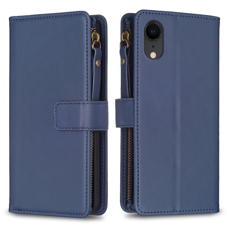 

For iPhone XR 9 Card Slots Zipper Wallet Leather Flip Phone Case(Blue)