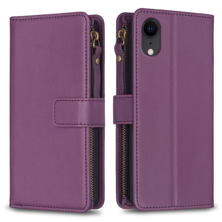 

For iPhone XR 9 Card Slots Zipper Wallet Leather Flip Phone Case(Dark Purple)