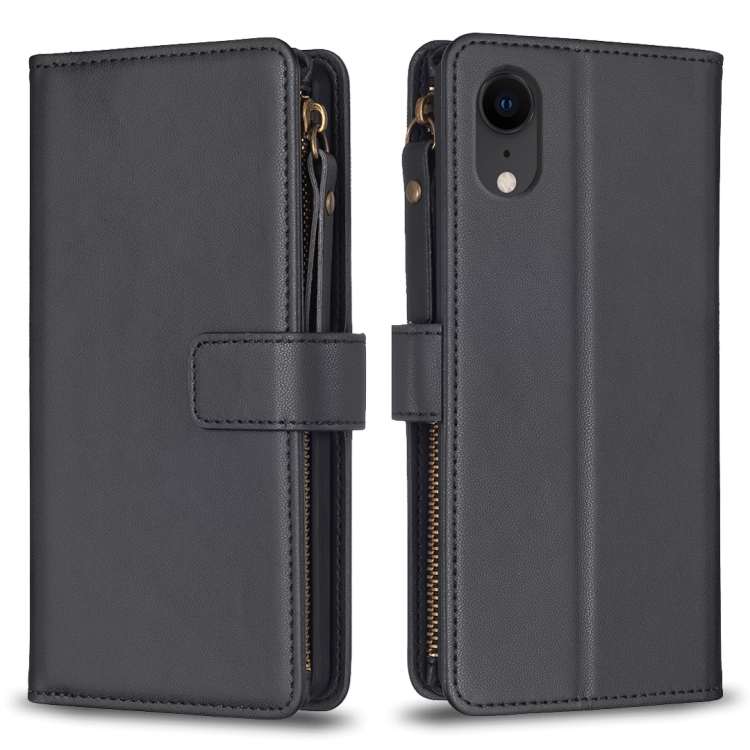 

For iPhone XR 9 Card Slots Zipper Wallet Leather Flip Phone Case(Black)