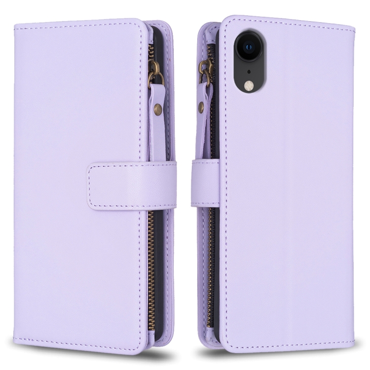 

For iPhone XR 9 Card Slots Zipper Wallet Leather Flip Phone Case(Light Purple)