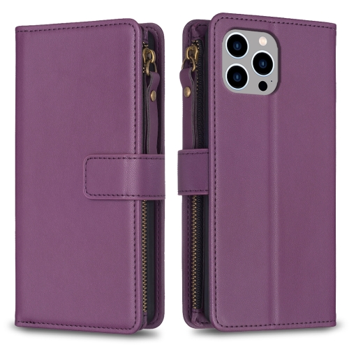 

For iPhone 12 / 12 Pro 9 Card Slots Zipper Wallet Leather Flip Phone Case(Dark Purple)