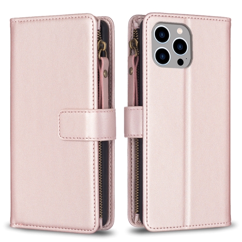 

For iPhone 15 Pro Max 9 Card Slots Zipper Wallet Leather Flip Phone Case(Rose Gold)