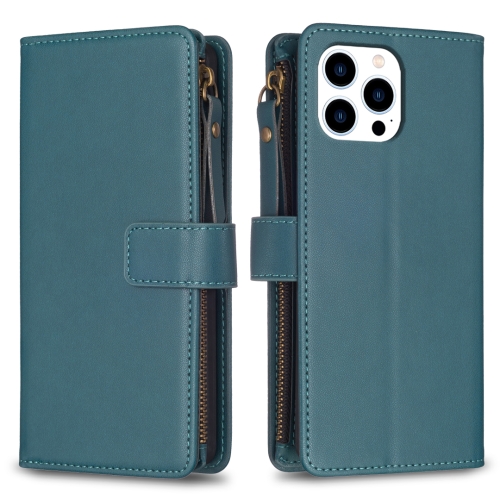 

For iPhone 15 Pro 9 Card Slots Zipper Wallet Leather Flip Phone Case(Green)