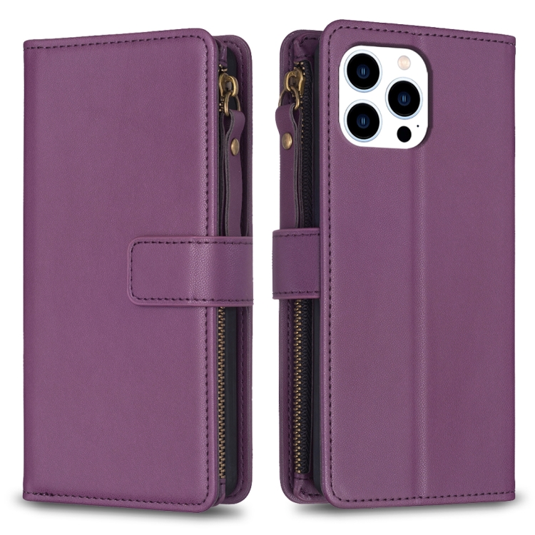

For iPhone 15 Pro 9 Card Slots Zipper Wallet Leather Flip Phone Case(Dark Purple)