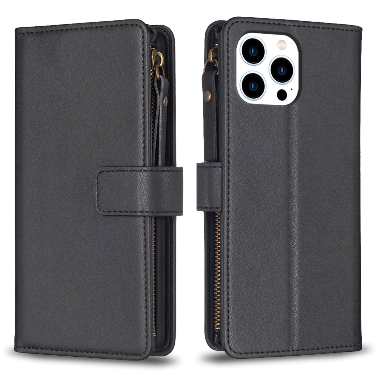 

For iPhone 15 Pro 9 Card Slots Zipper Wallet Leather Flip Phone Case(Black)