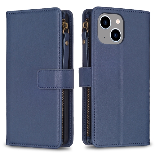 

For iPhone 15 Plus 9 Card Slots Zipper Wallet Leather Flip Phone Case(Blue)